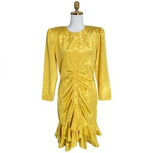 Jonathan Martin Vtg Y2K Yellow Ruched Button Front Ruffled Midi Dress Sz 11/12